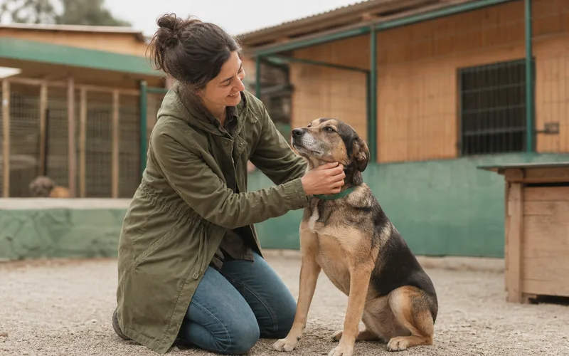 Persona adoptando un perro mestizo en un refugio animal
