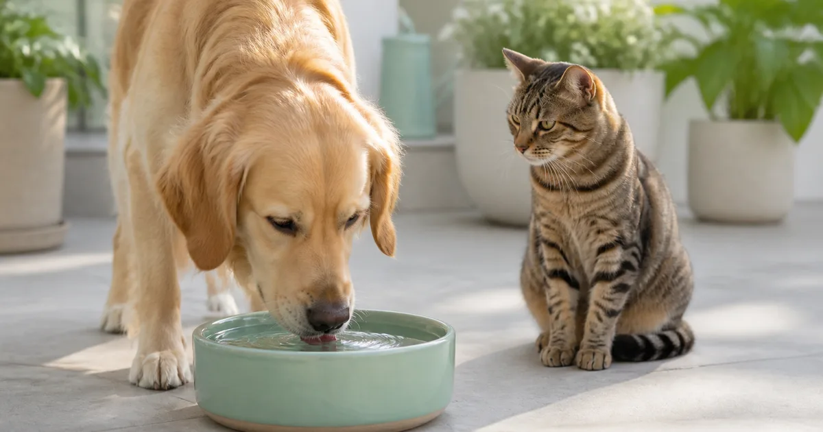 Perro bebiendo agua fresca de un bebedero de fuente