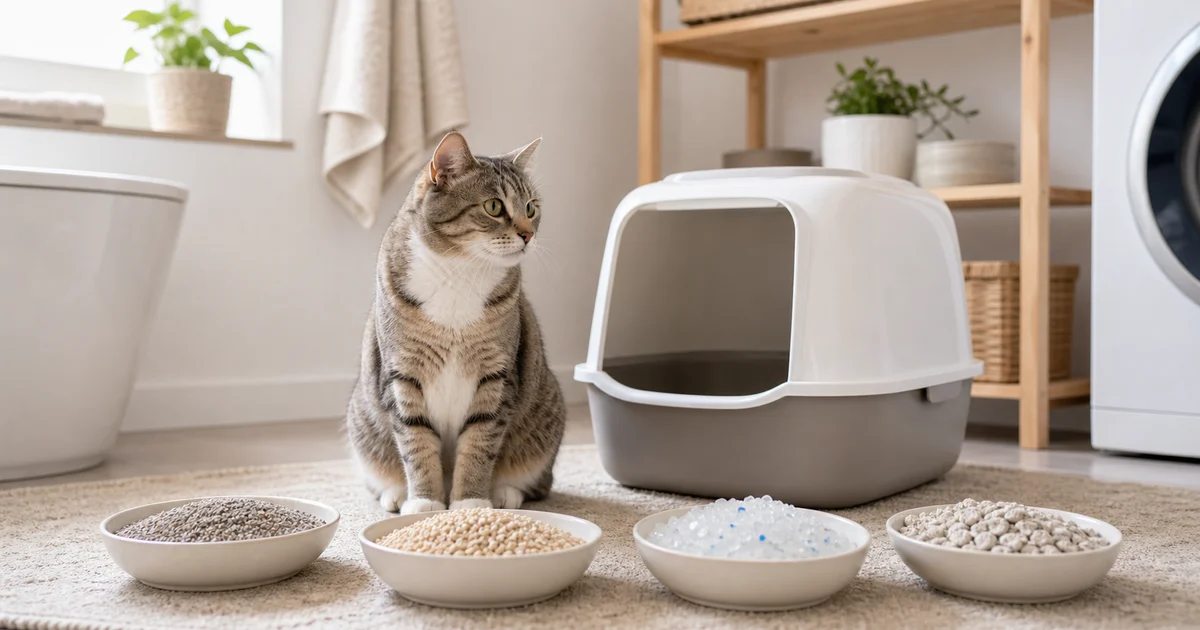 Portada editorial sobre Arena para gatos: tipos, ventajas y cómo elegir