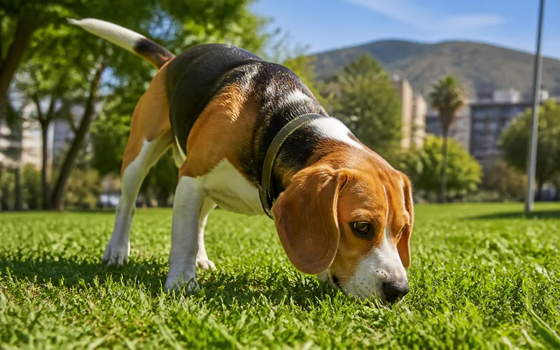 Beagle tricolor con collar olfateando hierba en un parque