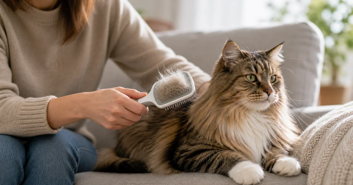 Portada editorial sobre Bolas de pelo en gatos: prevención y señales de alarma
