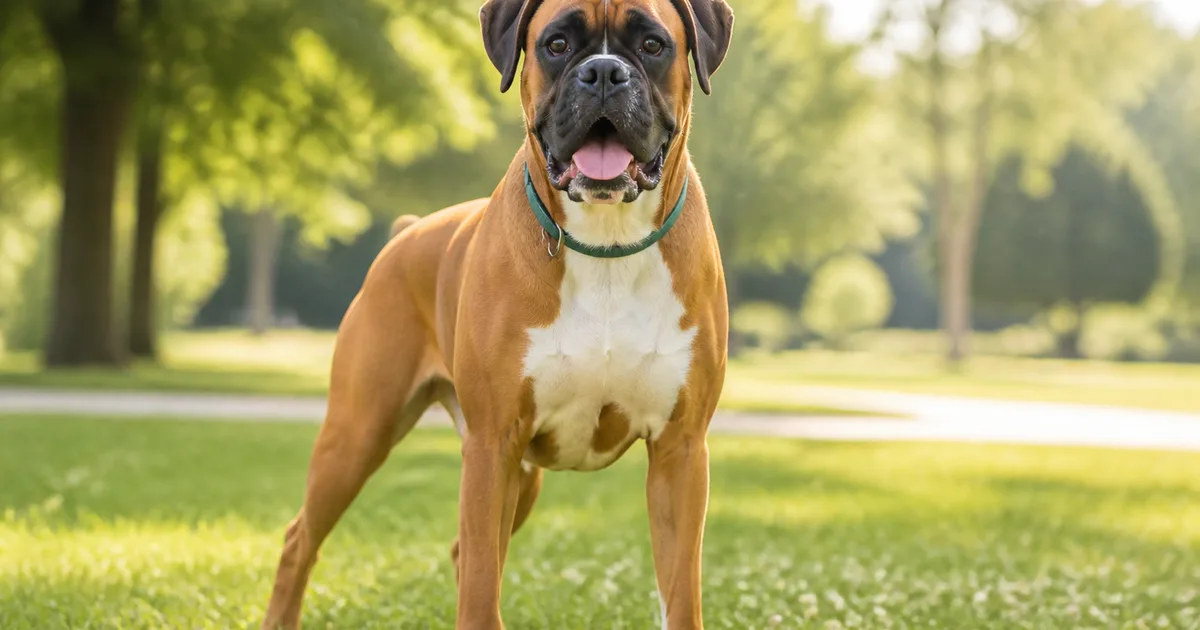 Boxer adulto con expresión alerta en parque