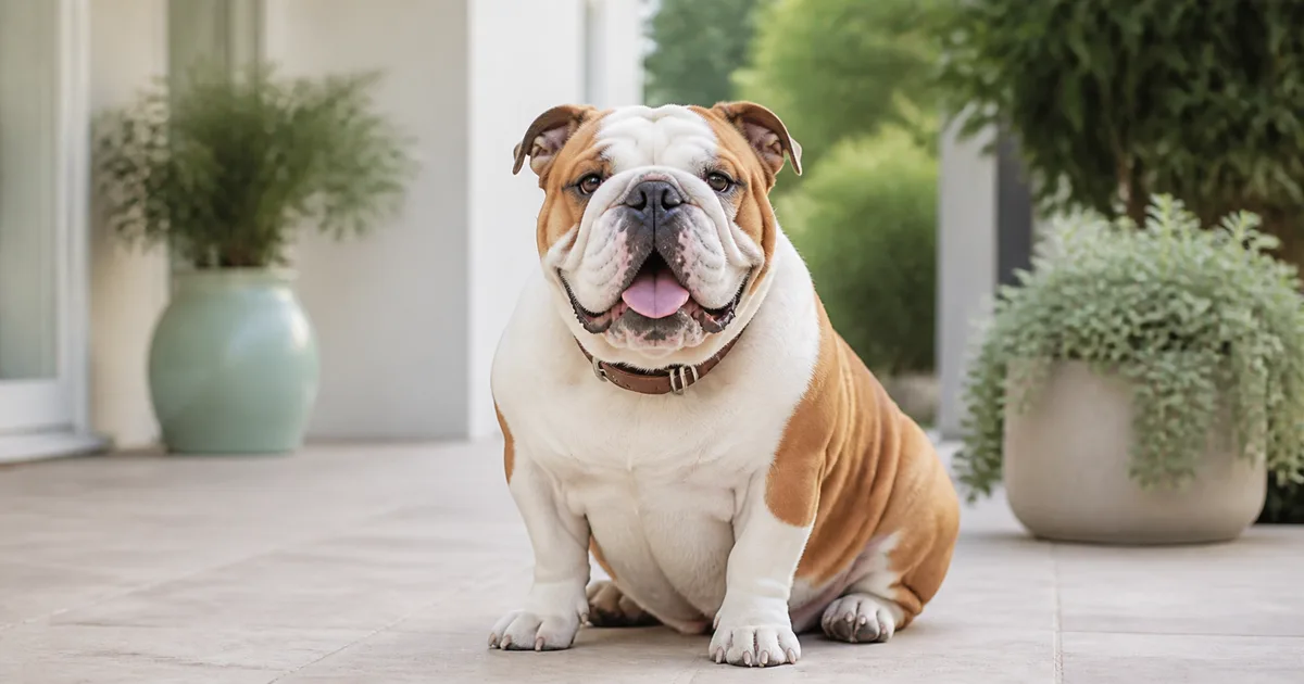 Bulldog inglés sentado con expresión tranquila