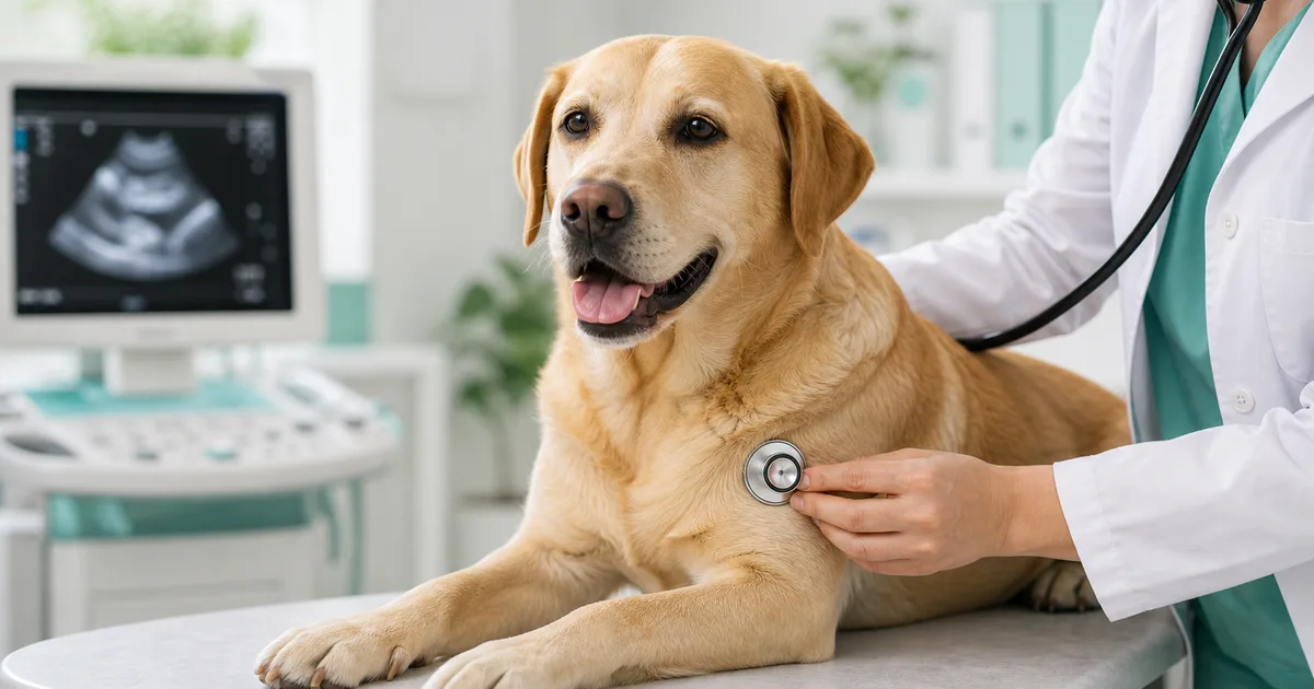 Veterinario cardiólogo auscultando el corazón de un perro con estetoscopio