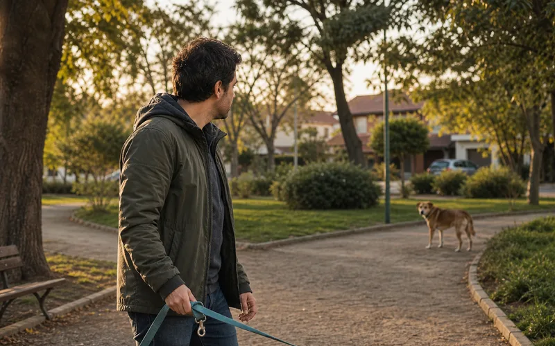 Dueño buscando a su perro perdido en el parque