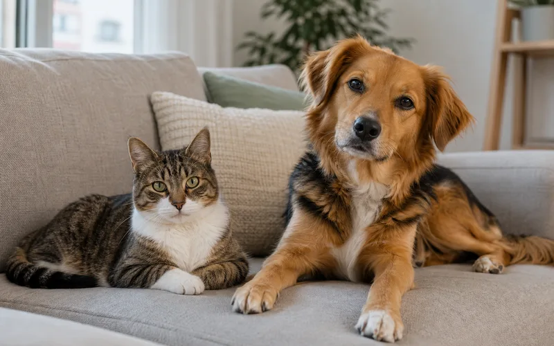 Perro y gato conviviendo tranquilos en un sofá