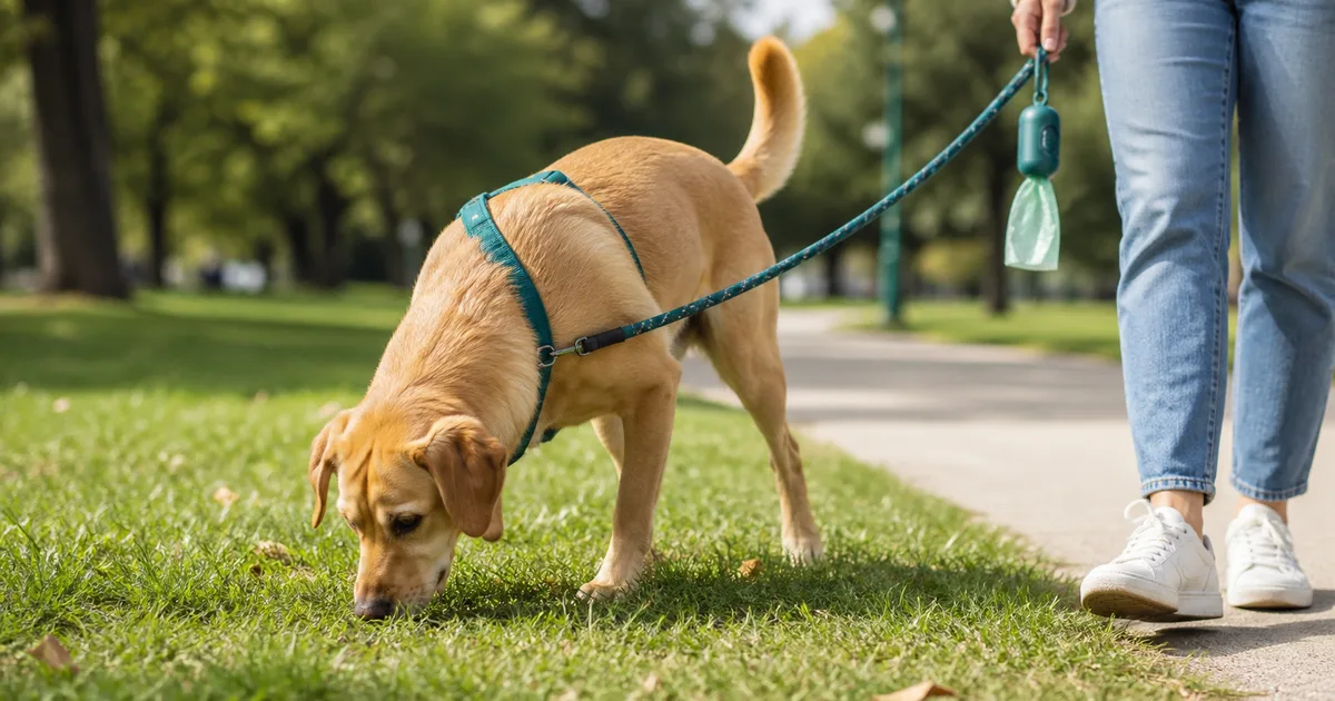 Perro en parque siendo supervisado por su dueño