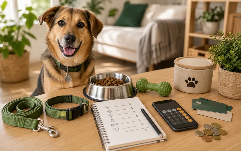 Perro junto a accesorios, comedero y libreta de presupuesto para calcular gastos de mascota