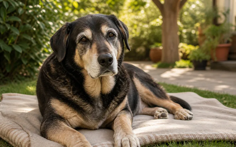 Perro senior de raza grande descansando en el jardín con expresión tranquila