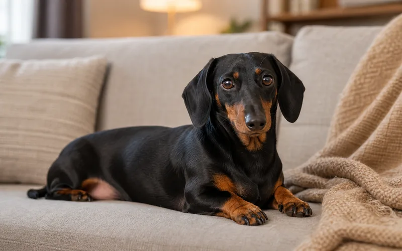 Dachshund de pelo corto tumbado en un sofá