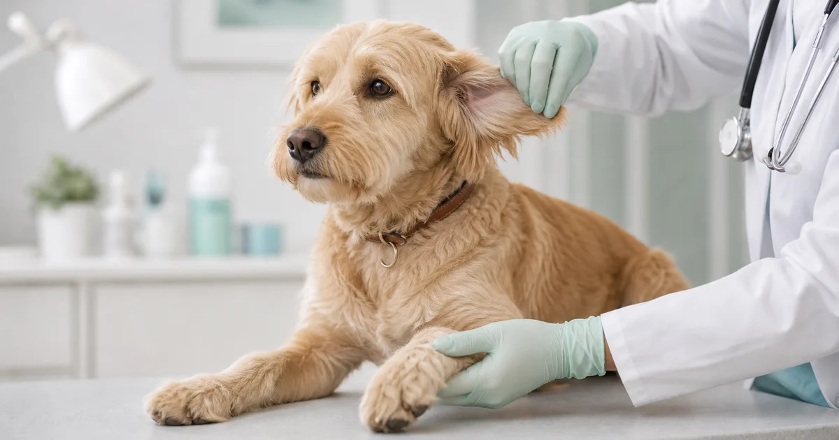 Veterinario dermatólogo examinando la piel de un perro con dermatitis