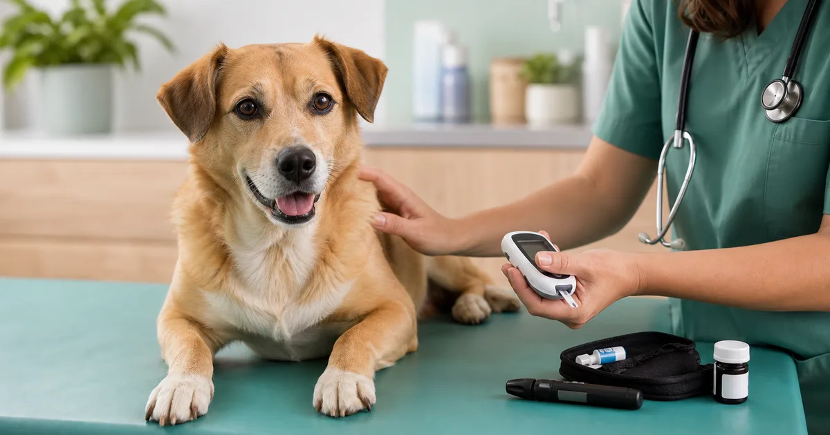 Veterinario revisando a un perro diabético con glucómetro