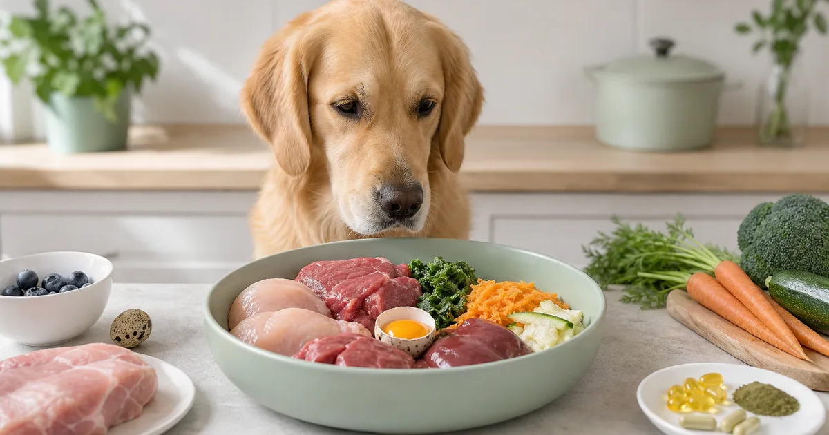 Cuenco con ingredientes de dieta BARF para perro: carne cruda, verduras, hueso