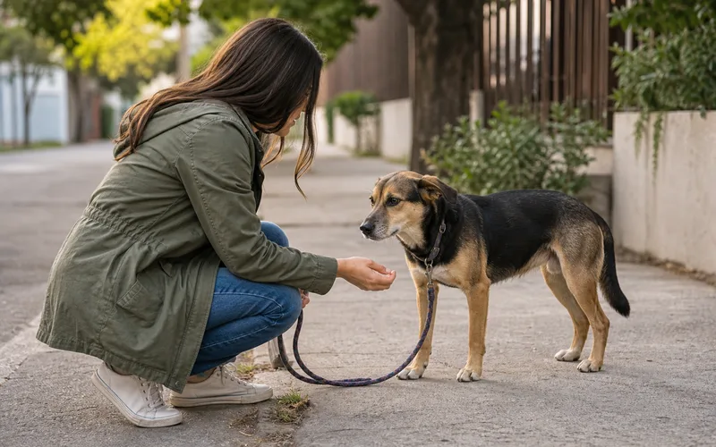 Persona ayudando a un perro perdido que encontró en la calle