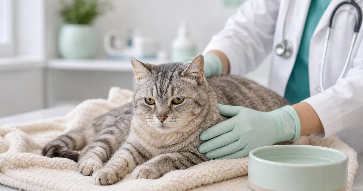 Gato mayor siendo hidratado subcutáneamente en clínica veterinaria