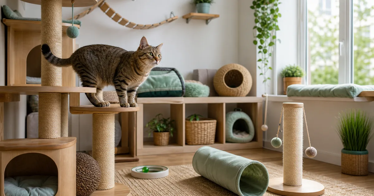Gato explorando una instalación de enriquecimiento ambiental con túneles y rascadores