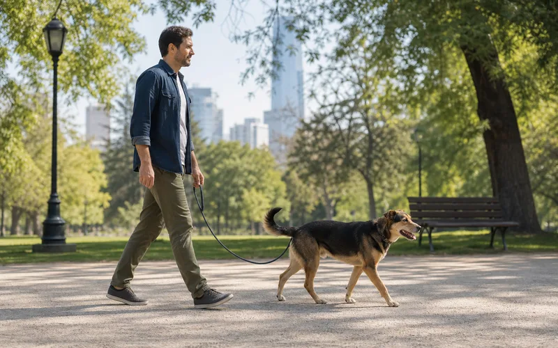 Persona paseando perro con correa suelta en parque de Santiago