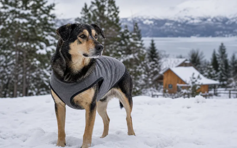 Perro abrigado con chaleco en paisaje nevado