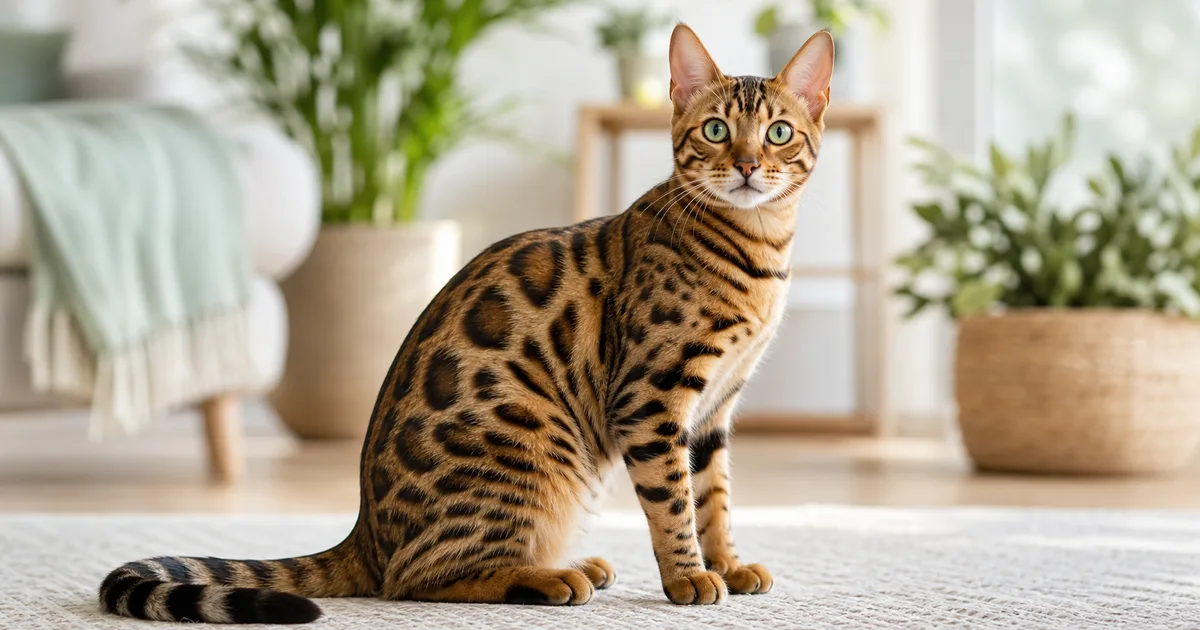 Gato bengalí con pelaje moteado brillante mirando intensamente