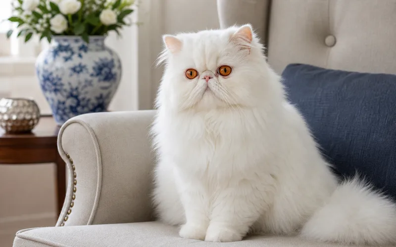 Gato Persa blanco de cara chata con ojos naranjas en sillón