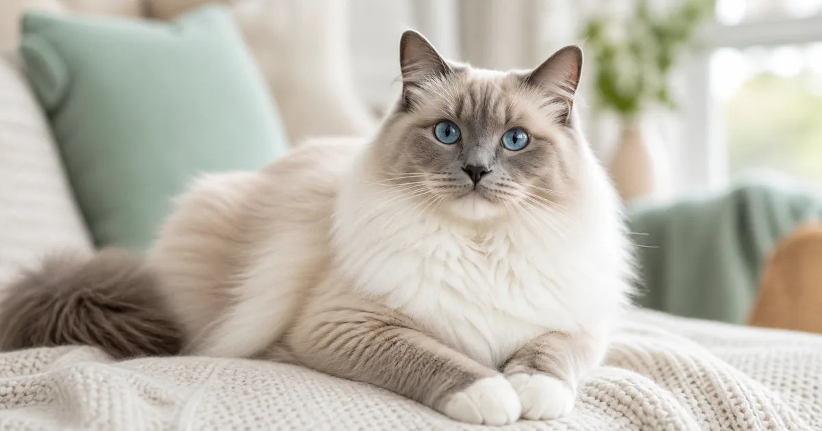 Gato Ragdoll azul point de ojos azules relajado