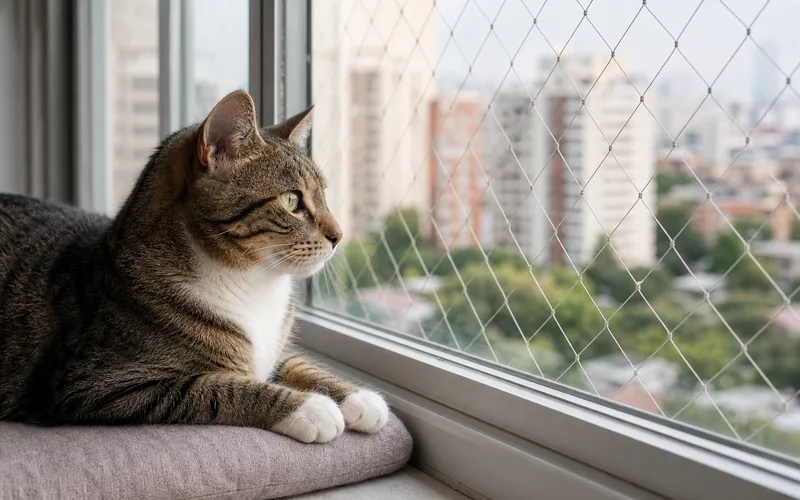 Gato asomado por la ventana de un departamento