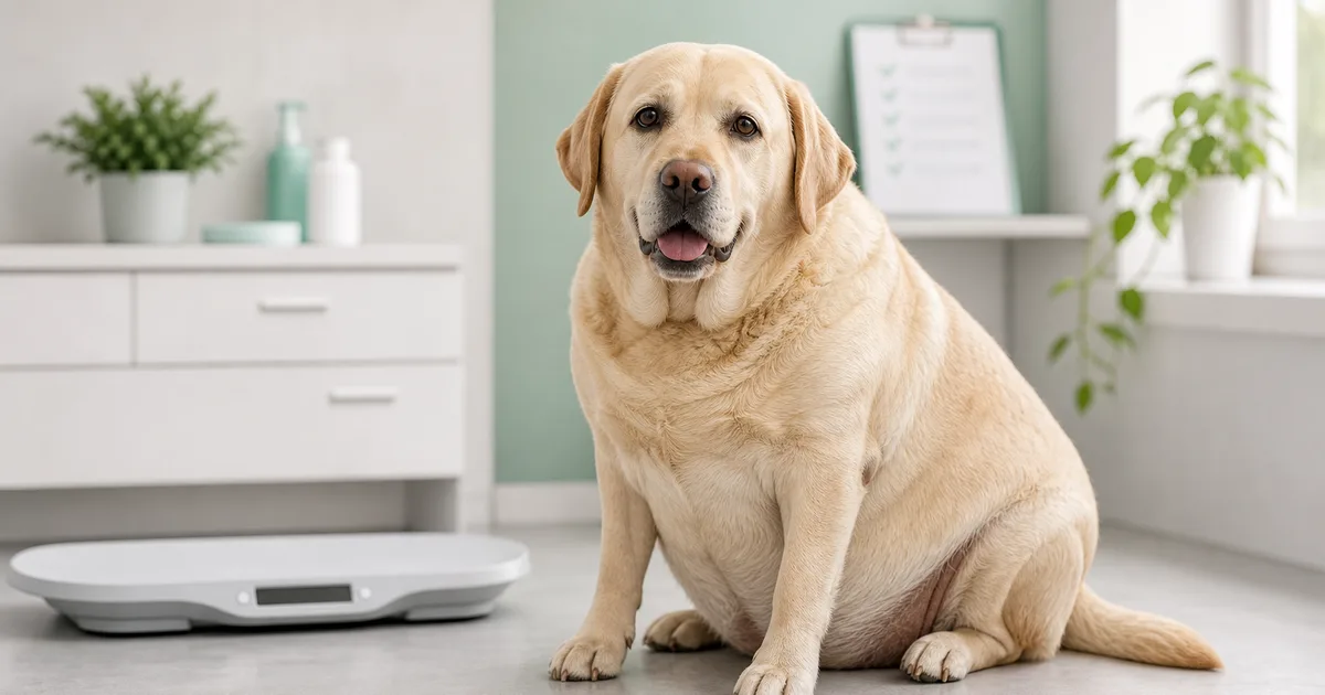 Perro con sobrepeso y pelaje opaco siendo revisado por veterinario