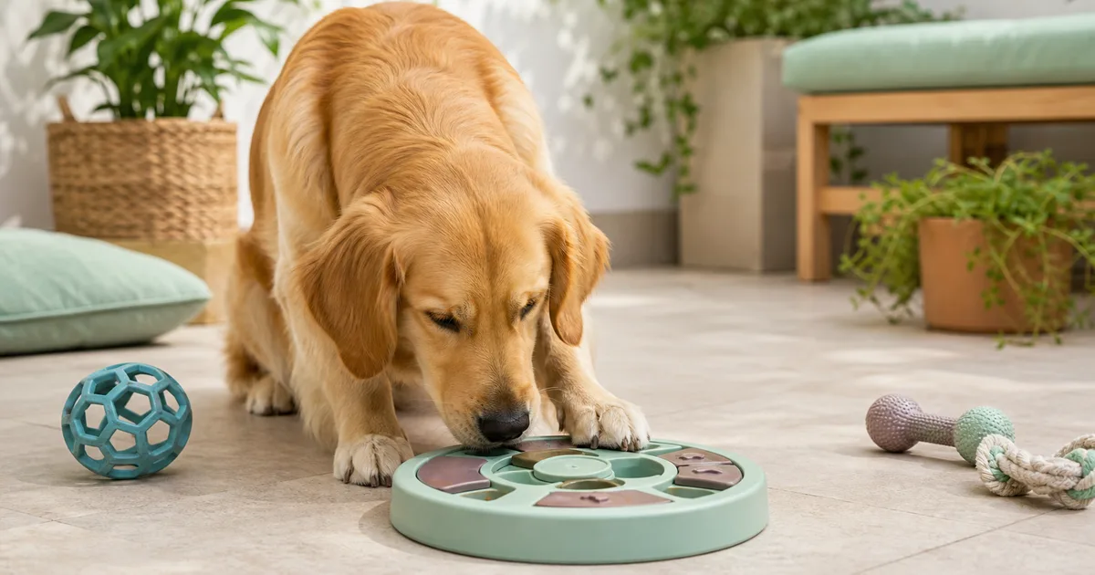 Perro resolviendo un juguete puzzle para obtener comida