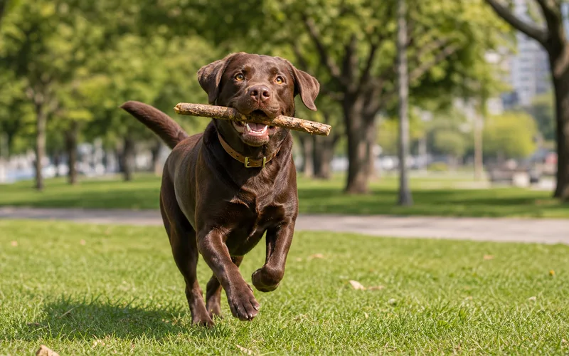 Labrador Retriever color chocolate jugando en un parque chileno