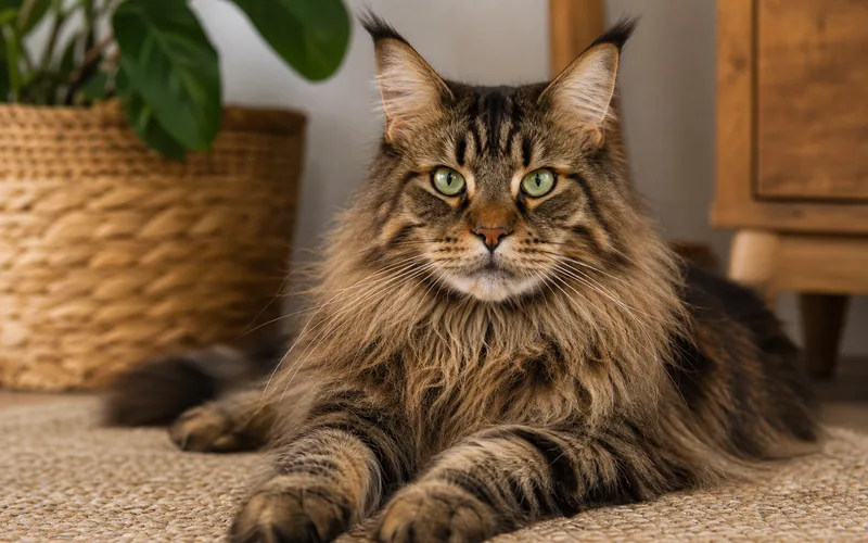 Gato Maine Coon atigrado marrón con ojos verdes mirando a cámara