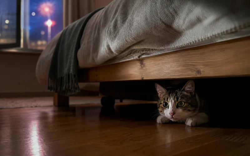 Gato escondido bajo la cama durante los fuegos artificiales de Año Nuevo