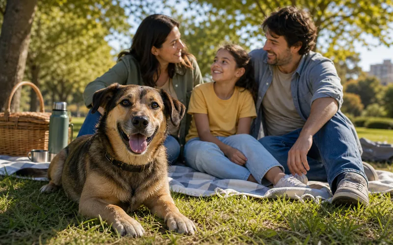 Perro mestizo feliz con su familia