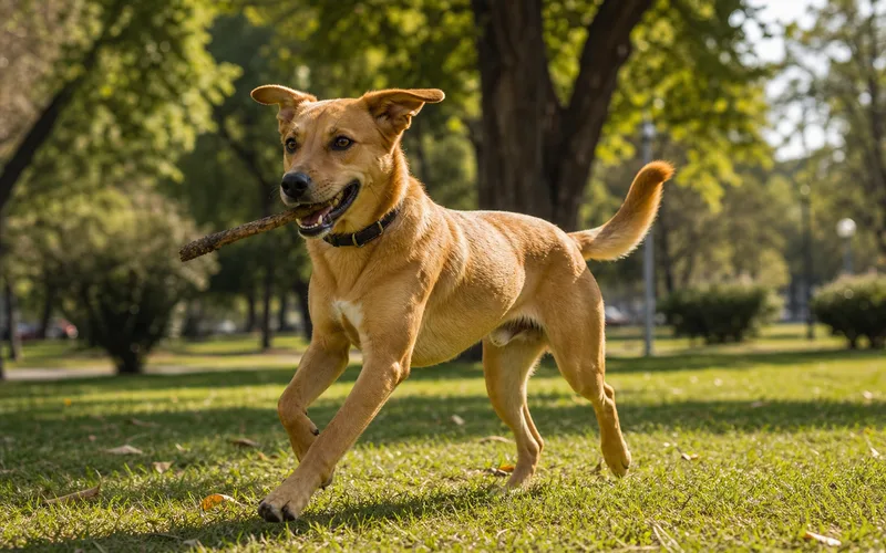 Perro mestizo de talla mediana color canela jugando en un parque chileno