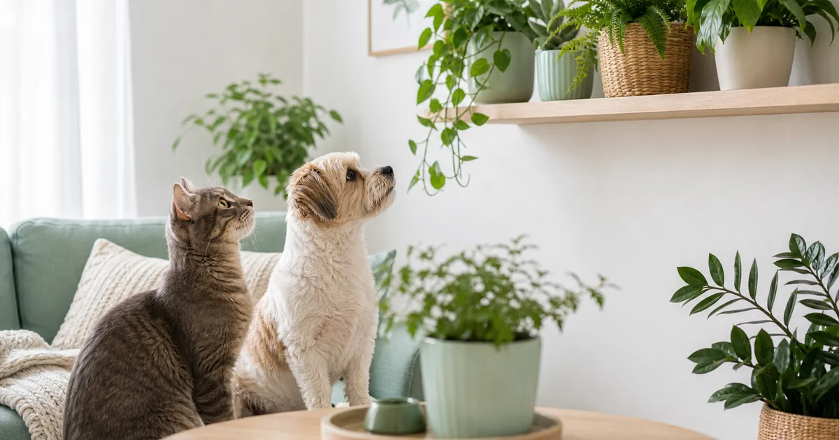 Gato oliendo una planta potencialmente tóxica junto a un cartel de advertencia