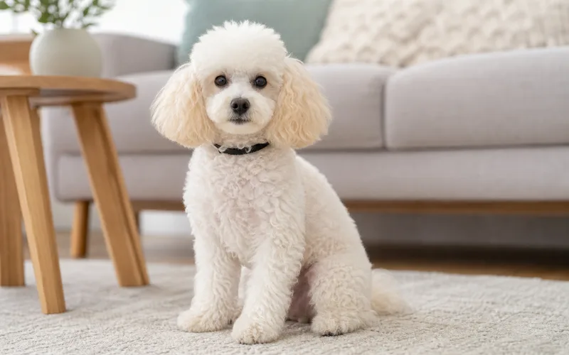Poodle toy blanco bien cuidado