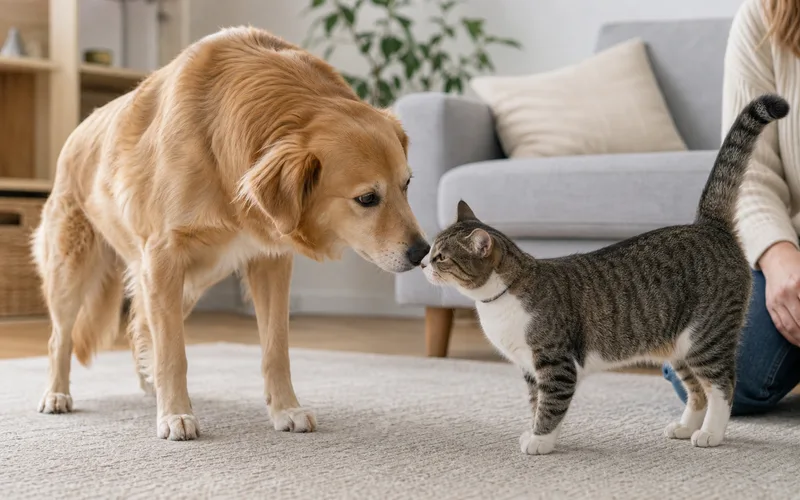 Perro y gato olisqueándose con curiosidad en el living de una casa