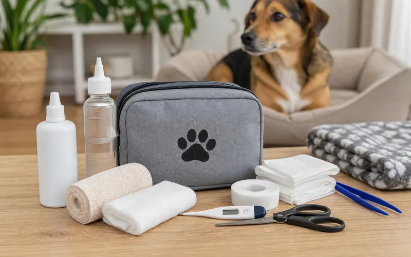 Botiquín de primeros auxilios para mascotas con elementos básicos sobre una mesa
