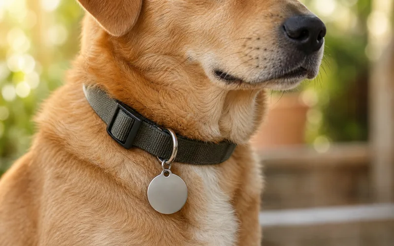 Placa de identificación colgando del collar de un perro
