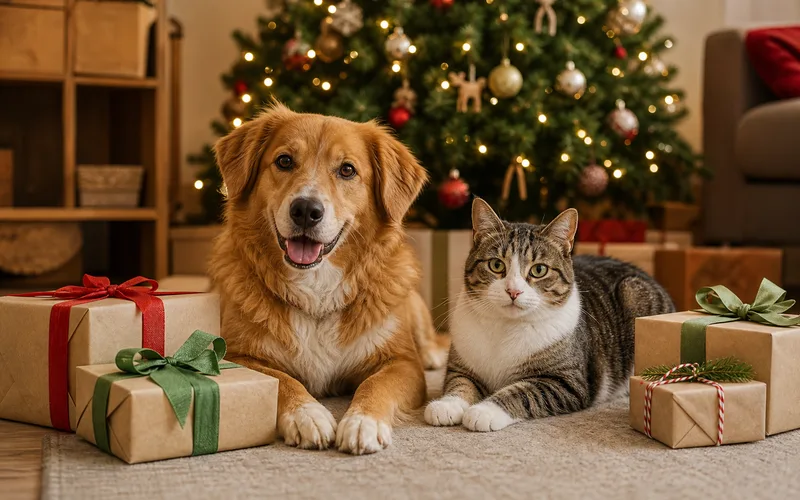 Perro y gato junto a regalos de Navidad con árbol decorado de fondo