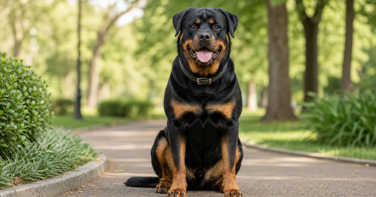 Rottweiler adulto con expresión serena junto a su dueño