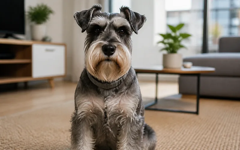 Schnauzer miniatura de color sal y pimienta sentado en un departamento