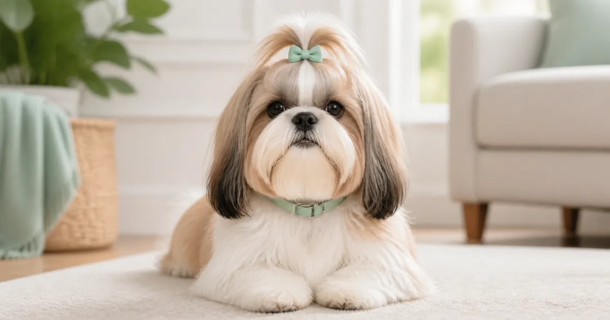 Shih Tzu con pelaje largo cuidado posando