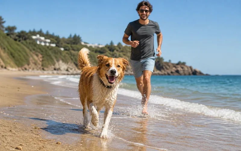 Perro feliz corriendo en la playa con su dueño durante el verano