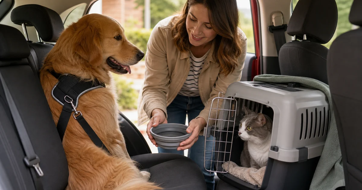 Portada editorial sobre Viajar en auto con perro o gato: seguridad y preparación