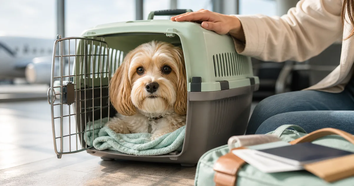 Perro pequeño en transportín aprobado para cabina de avión