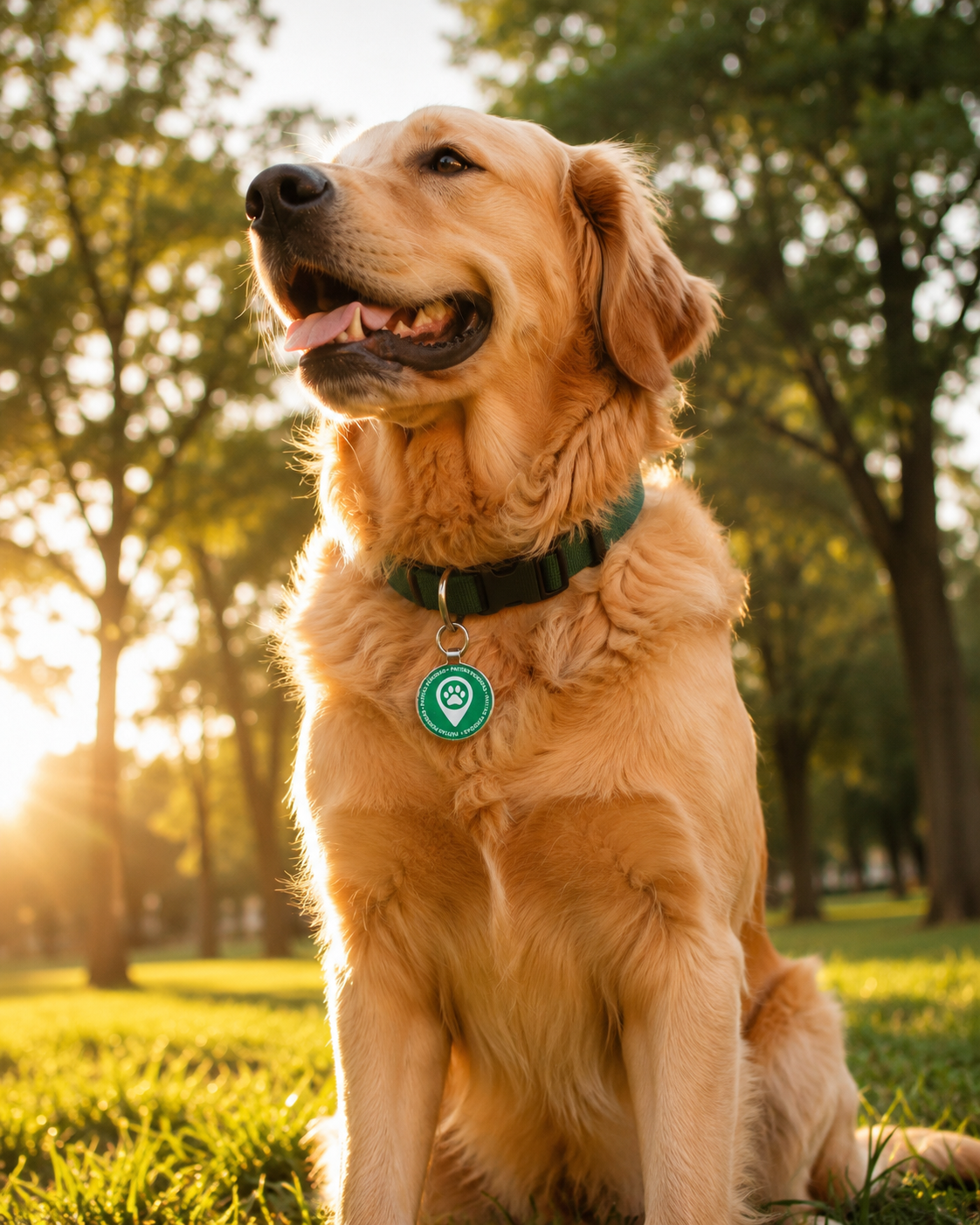 Perro en el parque con collar y placa QR de Patitas Perdidas