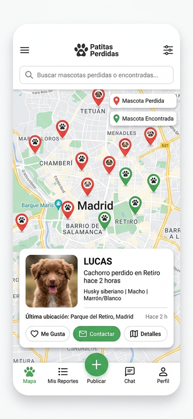 Mapa de mascotas perdidas y encontradas en la app Patitas Perdidas